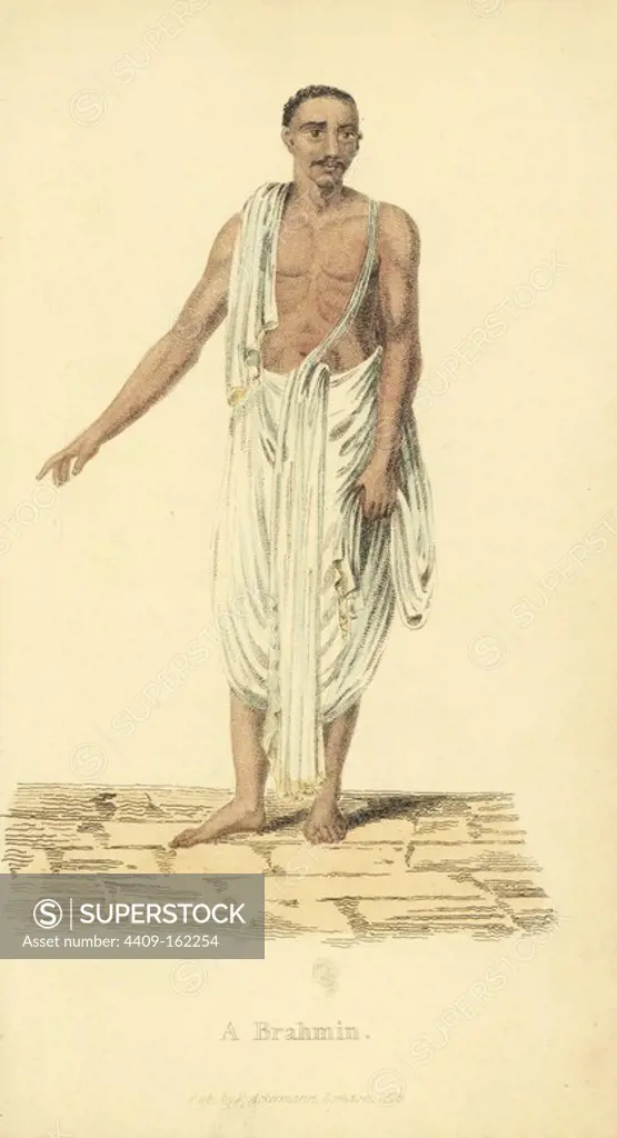 Brahmin caste of Hindu, wearing muslin robes and yellow threads over his shoulder. Handcoloured copperplate engraving by an unknown artist from "Asiatic Costumes," Ackermann, London, 1828.