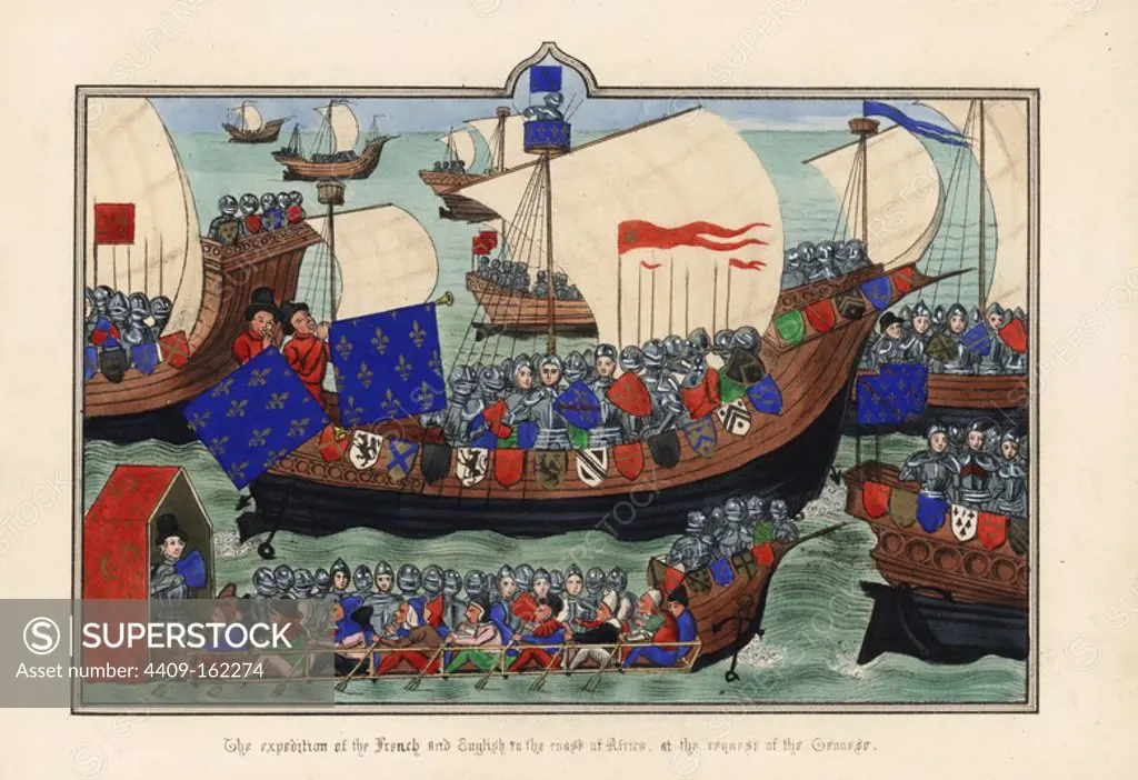 The expedition of French and English knights to Tunisia, on the coast of Africa, in 1390 to fight moslem pirates at the request of the Genoese. Handcoloured lithograph after an illuminated manuscript from Sir John Froissart's "Chronicles of England, France, Spain and the Adjoining Countries, from the Latter Part of the Reign of Edward II to the Coronation of Henry IV," George Routledge, London, 1868.