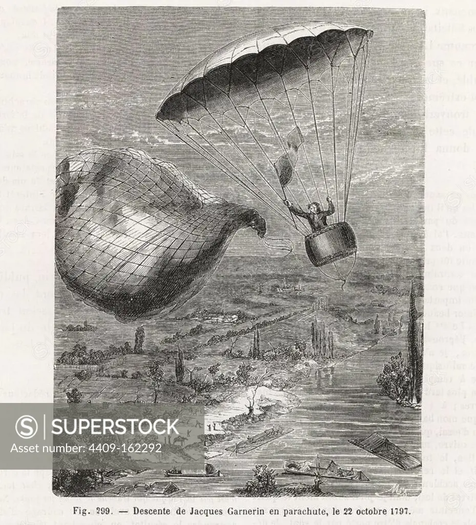 Jacques Garnerin descends by parachute from a released balloon, October 1797. Woodblock engraving by Mes after SKI from Louis Figuier's "Les Merveilles de la Science: Aerostats" (Marvels of Science: Air Balloons), Furne, Jouvet et Cie, Paris, 1868.