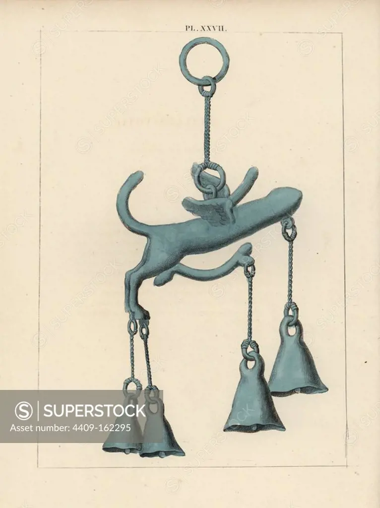 Bronze votive phallus from Herculaneum, with wings, phallic tail and rider, and four tintinnabula (bells). Handcoloured lithograph from Cesar Famin's "Musee royal de Naples (The Royal Museum at Naples)," Abel Ledoux, Paris, 1836. This rare volume is a catalog of the collection of erotic paintings, bronzes and statues excavated in Pompeii and Herculaneum and stored in a Secret Cabinet at Naples.