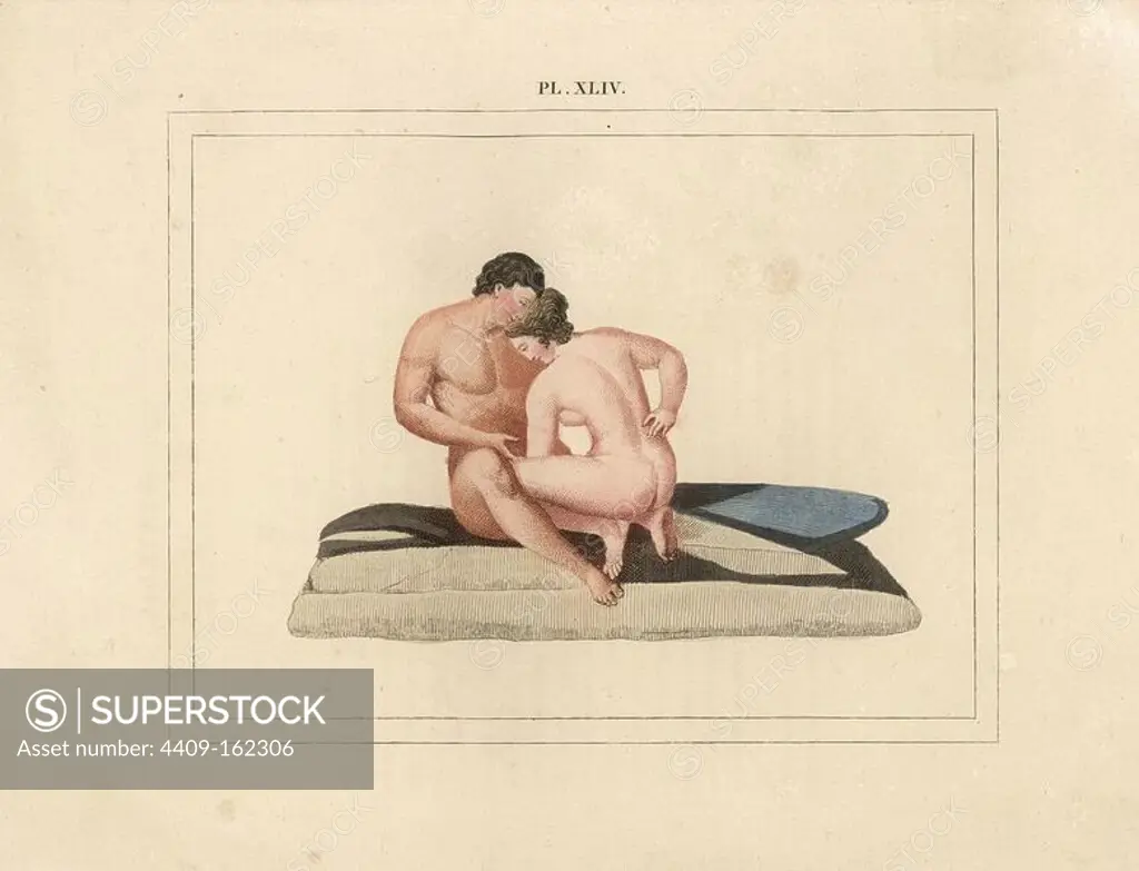 Fresco from Pompeii. Erotic scene showing a naked man and woman engaged in sex on a mattress. Handcoloured lithograph from Cesar Famin's "Musee royal de Naples (The Royal Museum at Naples)," Abel Ledoux, Paris, 1836. This rare volume is a catalog of the collection of erotic paintings, bronzes and statues excavated in Pompeii and Herculaneum and stored in a Secret Cabinet at Naples.
