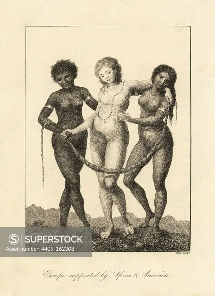 Europe supported by Africa and America. Allegorical illustration of naked African and American women supporting a naked white woman in necklace. Copperplate engraving by William Blake after an original illustration by Captain John Gabriel Stedman from his "Narrative of a Five Years' Expedition against the Revolted Negroes of Surinam," J. Johnson, London, 1813.