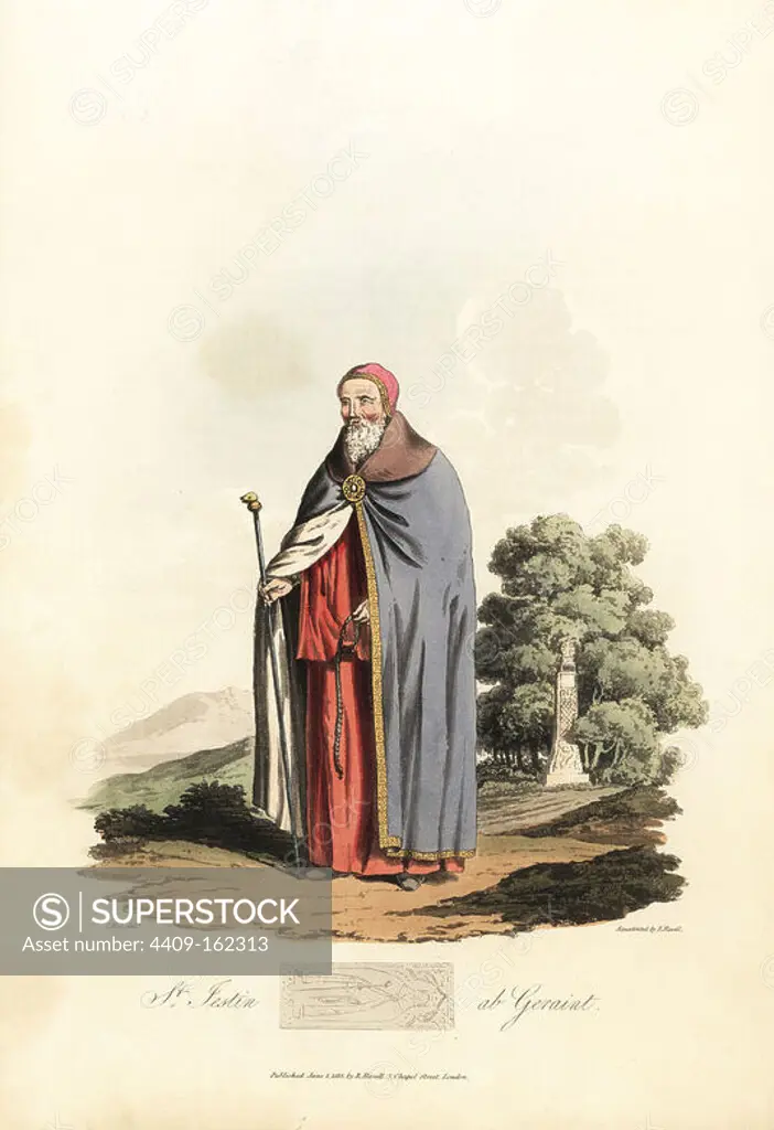 St. Jestin ab Geraint, son of the celebrated naval hero Geraint ab Erbin, a prince of the Devonshire Britons. He wears a cope fastened with fibula, short mantle and tunic, and holds a staff. In the background, a Celtic cross in the village of Carew, Pembrokeshire. Handcoloured aquatint by R. Havell from an illustration by Charles Hamilton Smith from Samuel Meyrick's Costume of the Original Inhabitants of the British Islands, London, 1821.