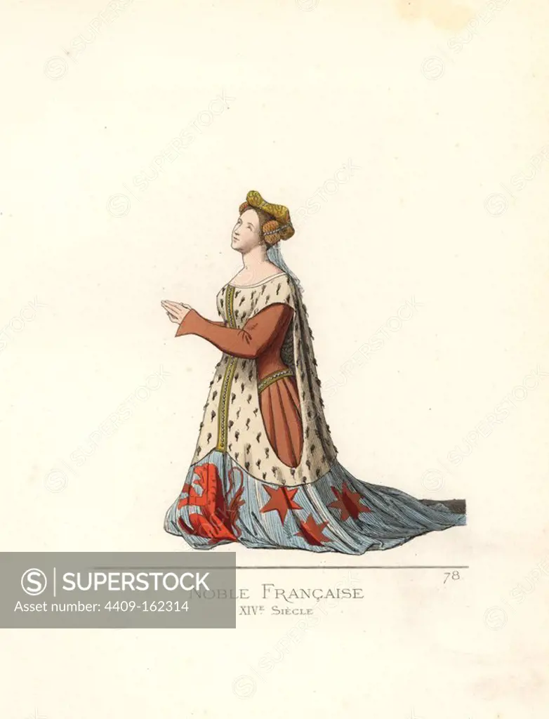 French noblewoman kneeling in prayer, 14th century, in turban of gold cloth, outer robe of ermine with silver skirt, inner robe of dark yellow with belt. From Bible 6829 held at the Biblitheque Imperiale de Paris. Handcoloured illustration drawn and lithographed by Paul Mercuri with text by Camille Bonnard from "Historical Costumes from the 12th to 15th Centuries," Levy Fils, Paris, 1861.