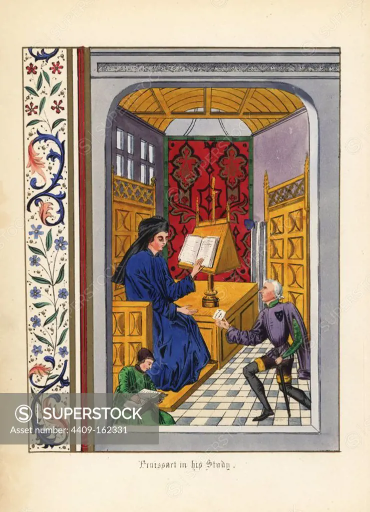 Sir John Froissart (c. 1337  c. 1405) in his study reading a manuscript on a lectern. Handcoloured lithograph after an illuminated manuscript from Sir John Froissart's "Chronicles of England, France, Spain and the Adjoining Countries, from the Latter Part of the Reign of Edward II to the Coronation of Henry IV," George Routledge, London, 1868.