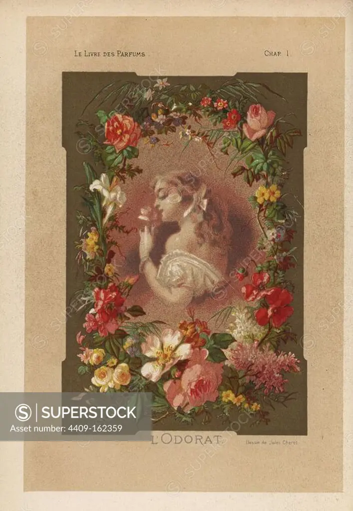 L'odorat or woman smelling a flower inside a border of roses, lilies and tulips. Chromolithograph after an illustration by Jules Cheret from Eugene Rimmel's Le Livre des Parfums, Paris, 1870.