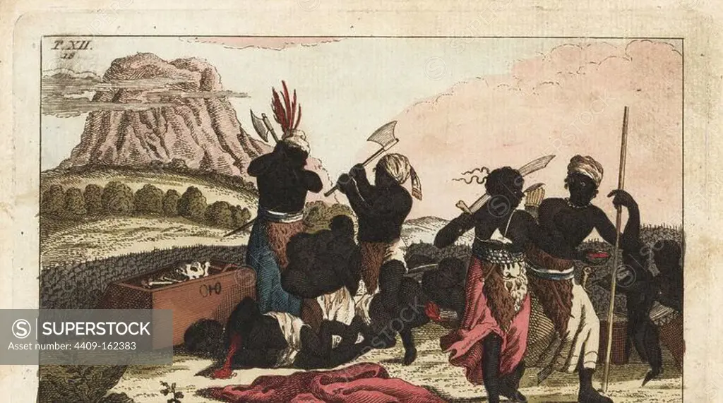 Nzinga or Xinga, daughter of King Bandi of Angola, ordering the execution by beheading of rival warriors. Handcolored copperplate engraving from G. T. Wilhelm's "Encyclopedia of Natural History: Mankind," Augsburg, 1804. Gottlieb Tobias Wilhelm (1758-1811) was a Bavarian clergyman and naturalist known as the German Buffon.