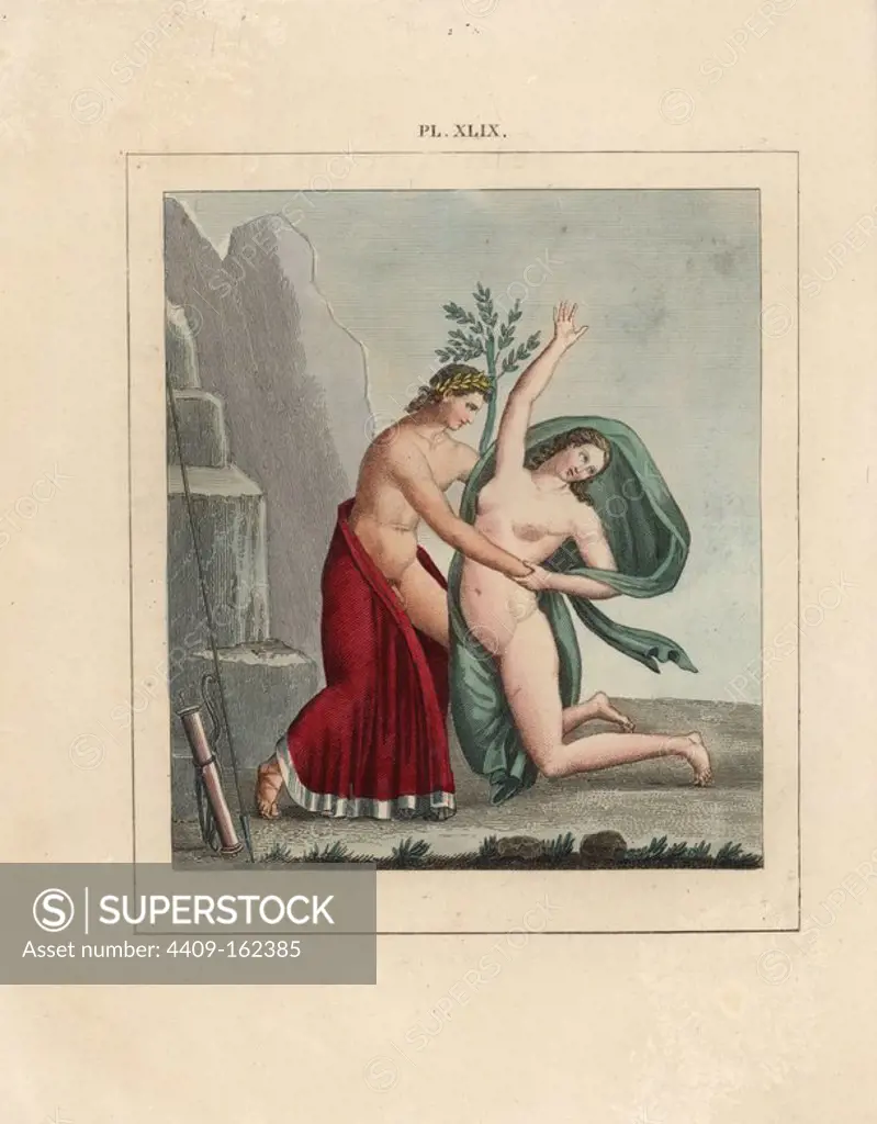Fresco from Pompeii. Erotic scene with Apollo in laurel wreath and mantle ravishing a nymph. His bow and quiver stand to one side. Handcoloured lithograph from Cesar Famin's "Musee royal de Naples (The Royal Museum at Naples)," Abel Ledoux, Paris, 1836. This rare volume is a catalog of the collection of erotic paintings, bronzes and statues excavated in Pompeii and Herculaneum and stored in a Secret Cabinet at Naples.