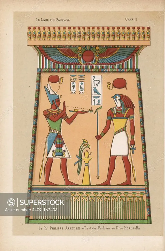 King Philip III Arrhidaeus, brother of Alexander the Great, offering perfume to the Egyptian god Horus-Ra. Chromolithograph from Eugene Rimmel's Le Livre des Parfums, Paris, 1870.