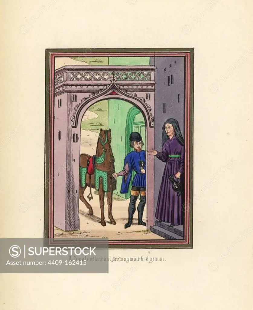 A female attendant serving wine to a groom with horse, beneath a courtyard archway. Handcoloured lithograph after an illuminated manuscript from Sir John Froissart's "Chronicles of England, France, Spain and the Adjoining Countries, from the Latter Part of the Reign of Edward II to the Coronation of Henry IV," George Routledge, London, 1868.