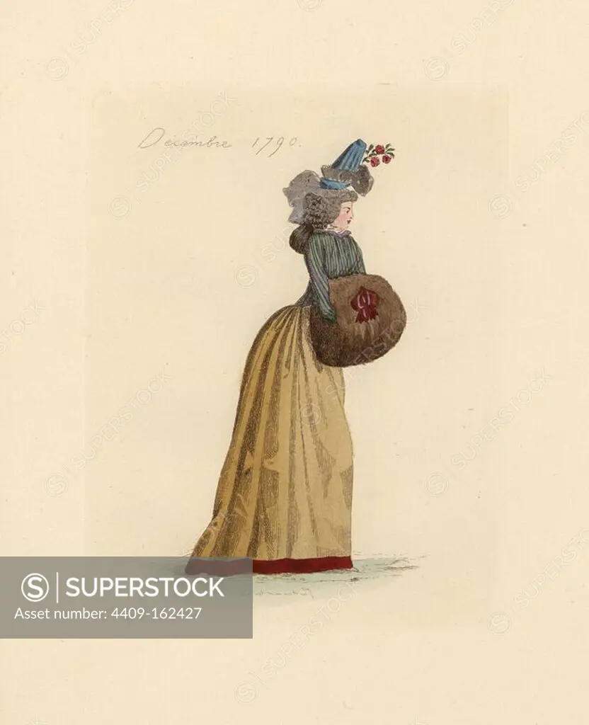 French woman wearing the fashion of December 1790. She wears a liberty cap, full wig, striped bodice over full petticoat, and holds a large fur muff. Handcoloured etching by Auguste Etienne Guillaumot Jr. from "Costumes of the French Revolution, 1790-1793," Bouton, New York, 1889. From the collection of contemporary costume prints of Victorien Sardou.