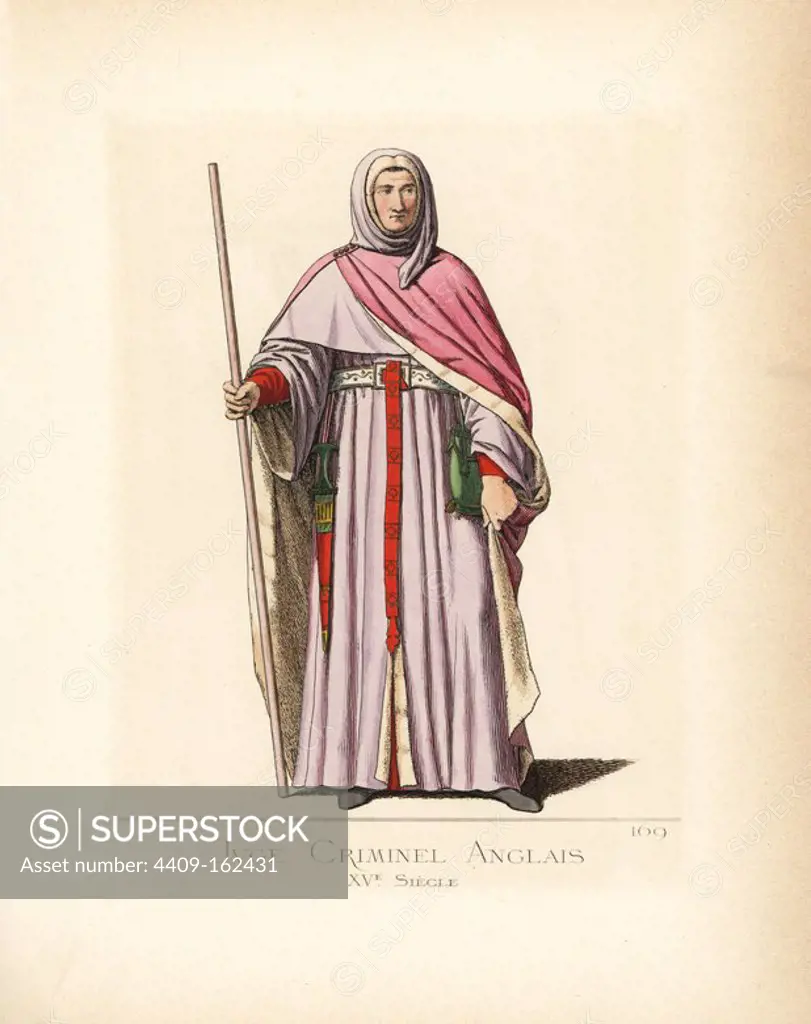 Costume of an English criminal judge, 15th century. He wears an ermine-lined cape secured at the shoulder with a brooch, ermine-lined hood and robe, green purse with gold clasp. He wears a dagger called an anelacium from his belt. From a sepulchral monument to Sir William Gascoigne, Chief Justice of England during the reign of King Henry IV, in Harewood Church. Handcoloured illustration drawn and lithographed by Paul Mercuri with text by Camille Bonnard from "Historical Costumes from the 12th to 15th Centuries," Levy Fils, Paris, 1861.