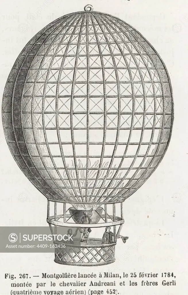 Fourth voyage in a Montgolfier balloon, at Milan, 1784, manned by Count Paulo Andreani and the Gerli brothers, Agostino and Carlo. Woodblock engraving from Louis Figuier's "Les Merveilles de la Science: Aerostats" (Marvels of Science: Air Balloons), Furne, Jouvet et Cie, Paris, 1868.