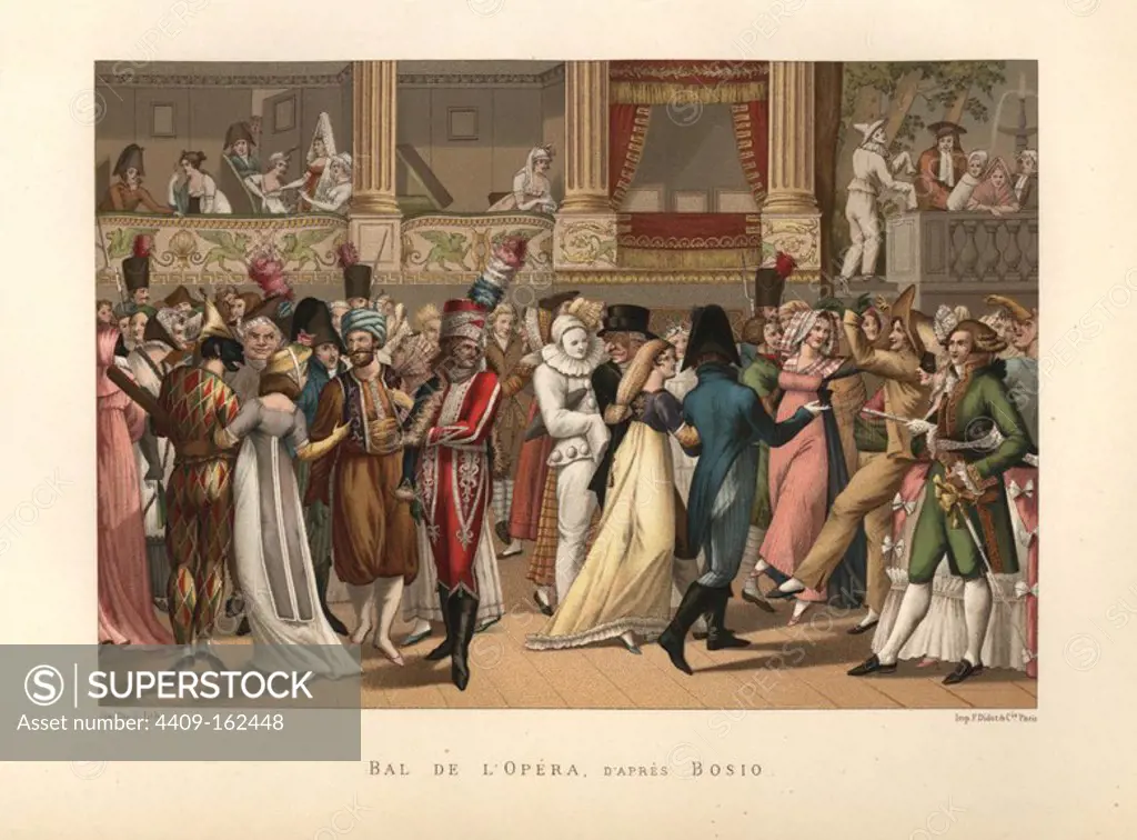 Masquerade ball, Bal d'Opera, circa 1800. Fashionable people in costume as hussars, peasants, clowns, harlequins and Turks, some wearing masks. Illustration by Jean-Francois Bosio, chromolithograph by Gaulard from Paul Lacroix's "Directoire, Consulat et Empire," Paris, 1884.