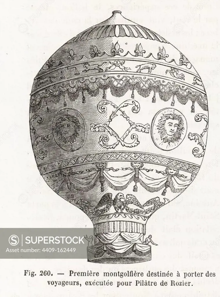 First Mongolfier balloon destined to carry passengers, made for Pilatre de Rozier, 1783. Woodblock engraving from Louis Figuier's "Les Merveilles de la Science: Aerostats" (Marvels of Science: Air Balloons), Furne, Jouvet et Cie, Paris, 1868.