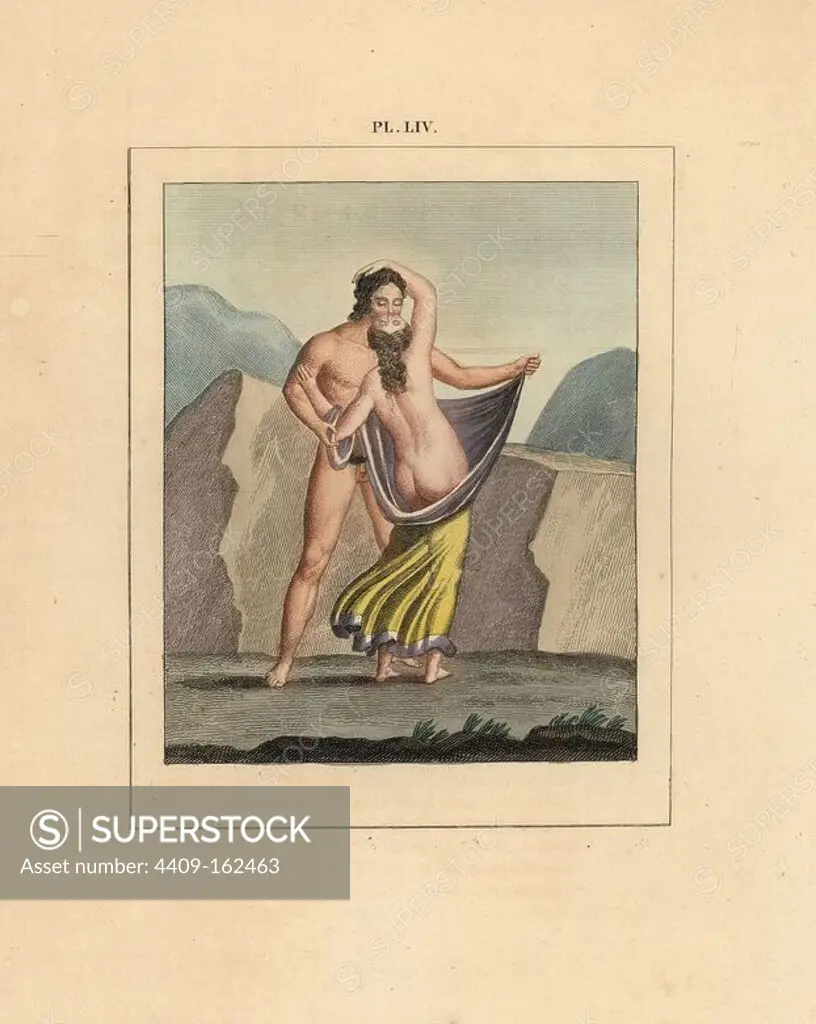 Fresco from Pompeii. Erotic scene showing a naked man seducing a woman in mantle in a desolate place. Handcoloured lithograph from Cesar Famin's "Musee royal de Naples (The Royal Museum at Naples)," Abel Ledoux, Paris, 1836. This rare volume is a catalog of the collection of erotic paintings, bronzes and statues excavated in Pompeii and Herculaneum and stored in a Secret Cabinet at Naples.