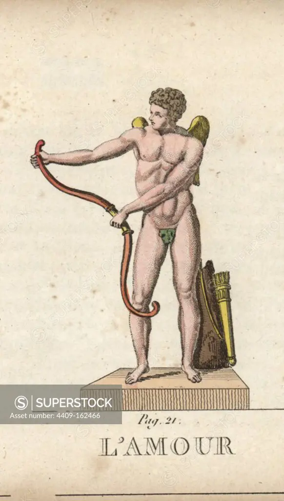 Cupid, Roman god of love, with figleaf, wings, bow and quiver of arrows. Handcoloured copperplate engraving engraved by Jacques Louis Constant Lacerf after illustrations by Leonard Defraine from "La Mythologie en Estampes" (Mythology in Prints, or Figures of Fabled Gods), Chez P. Blanchard, Paris, c.1820.