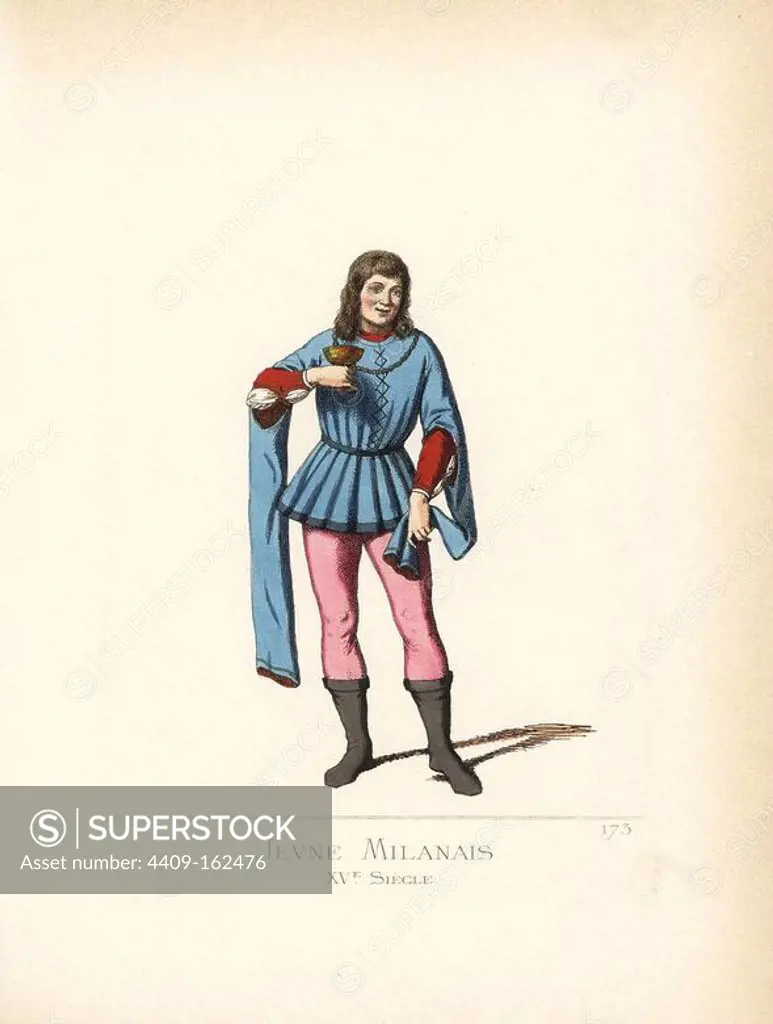 Young man of Milan, 15th century. He wears a laced doublet with long sleeves, over a scarlet tunic, trousers and boots. From a bas-relief monument to the La Torre family in the church of Santa Maria delle Grazie, Milan. Handcoloured illustration drawn and lithographed by Paul Mercuri with text by Camille Bonnard from "Historical Costumes from the 12th to 15th Centuries," Levy Fils, Paris, 1861.