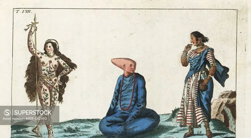 Naked Pict girl with spear decorated with tattoos, Chinese begger with deformed head, and Indian woman in sari and jewelry. Handcolored copperplate engraving from G. T. Wilhelm's "Encyclopedia of Natural History: Mankind," Augsburg, 1804. Gottlieb Tobias Wilhelm (1758-1811) was a Bavarian clergyman and naturalist known as the German Buffon.