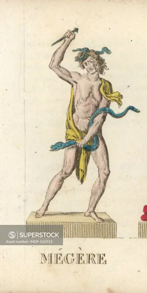 Megaera, one of the Greek Enrinyes or Roman Furies, the jealous one depicted with a dagger and snake. Handcoloured copperplate engraving engraved by Jacques Louis Constant Lacerf after illustrations by Leonard Defraine from "La Mythologie en Estampes" (Mythology in Prints, or Figures of Fabled Gods), Chez P. Blanchard, Paris, c.1820.