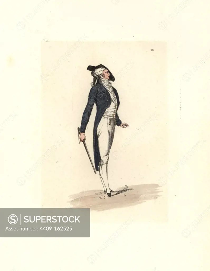 Costume of an emigre. He wears a hat at a rakish angle, grey redingote, an old-fashioned gilet (waistcoat) and white shirt. He carries a short gourdin (bludgeon). Handcoloured etching by Auguste Etienne Guillaumot Jr. from "Costumes of the Directory," Rouquette, Paris, 1875. The etchings were made from designs by Eugene Lacoste and Draner after prints of the era 1795-99. The costumes are from theatre productions "Merveilleuses" and "Pres Saint-Gervais" by Victorien Sardou.