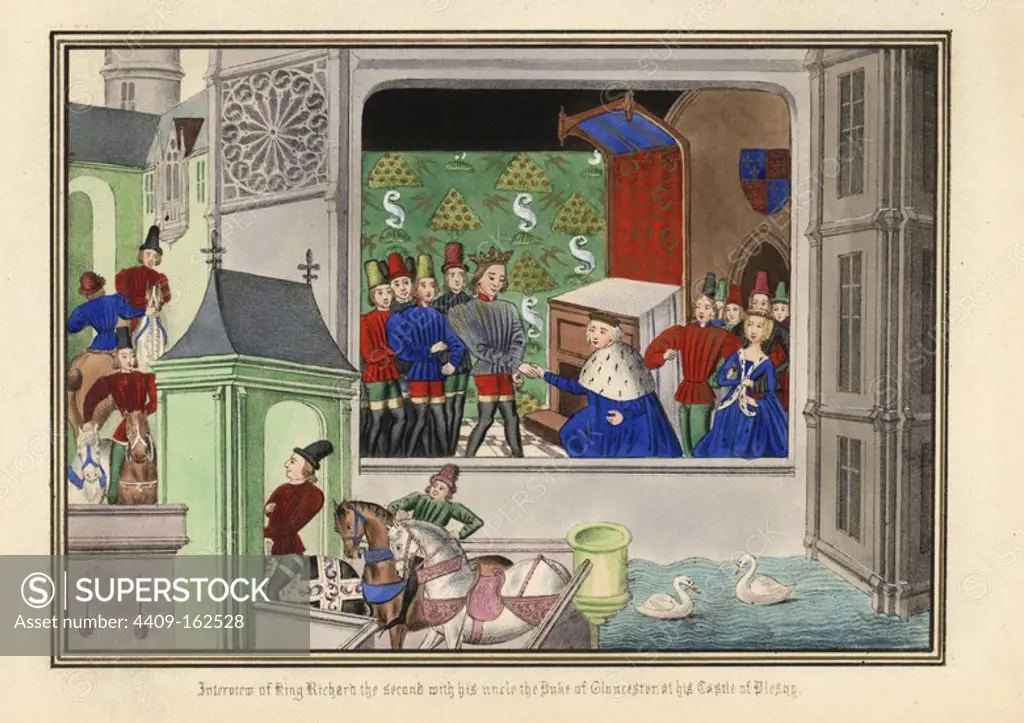 Interview of King Richard II with his uncle Thomas of Woodstock, Duke of Gloucester, at his castle of Pleshey, 1397, prior to his arrest. The duke kneels before the king as courtiers on horseback ride outside, and swans swim in the moat. Handcoloured lithograph after an illuminated manuscript from Sir John Froissart's "Chronicles of England, France, Spain and the Adjoining Countries, from the Latter Part of the Reign of Edward II to the Coronation of Henry IV," George Routledge, London, 1868.
