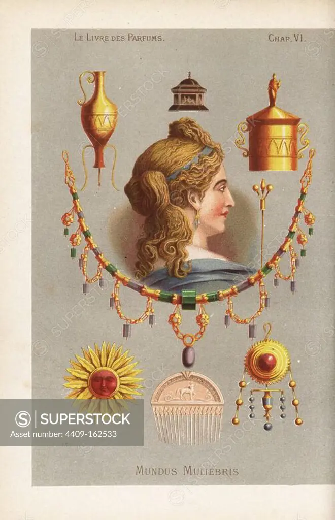 Mundus muliebris or a woman's world: objects of a woman's toilet including necklace, comb, jewelry, cosmetics, oils and perfumes. Chromolithograph from Eugene Rimmel's Le Livre des Parfums, Paris, 1870.