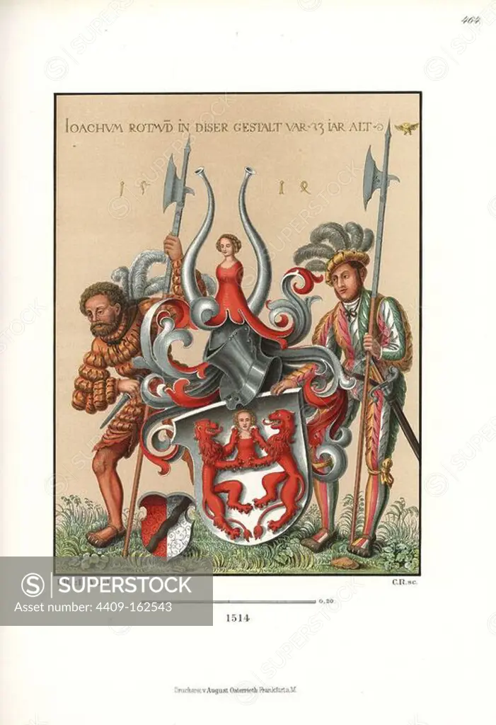 Two German mercenaries with halberds holding a coat of arms, early 16th century. The shield depicts two red lions rampant holding a bust of a woman, with helmet, horns and woman's bust above. Inscribed with "Joachum Rotmund in dieser Gestalt war 23 Jahr alt," monogram of the painter, an owl, and the year 1514. Chromolithograph from Hefner-Alteneck's "Costumes, Artworks and Appliances from the Middle Ages to the 17th Century," Frankfurt, 1889. Illustration by Dr. Jakob Heinrich von Hefner-Alteneck, lithographed by C. Regnier. Dr. Hefner-Alteneck (1811 - 1903) was a German museum curator, archaeologist, art historian, illustrator and etcher.