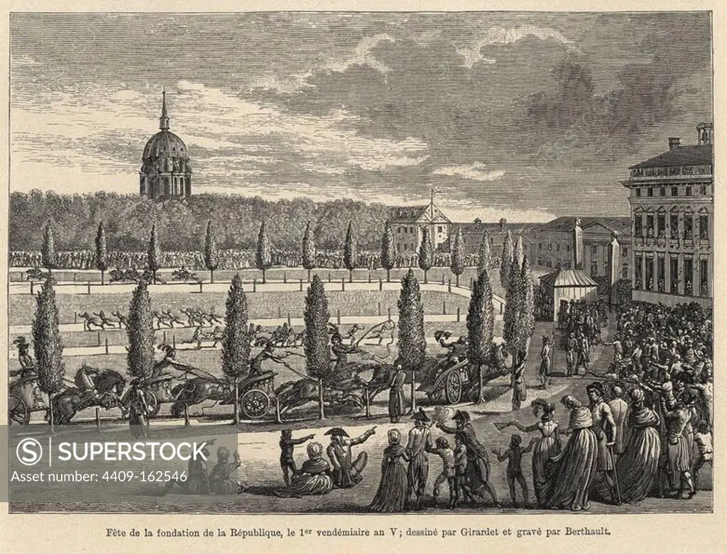 Festival of the Foundation of the French Republic. (1er vendemiaire an V, September 22, 1796). Crowds watch a footrace, horserace and chariot race on separate tracks. Illustration by Abraham Girardet, engraving by Pierre-Gabriel Berthault from Paul Lacroix's "Directoire, Consulat et Empire," Paris, 1884.