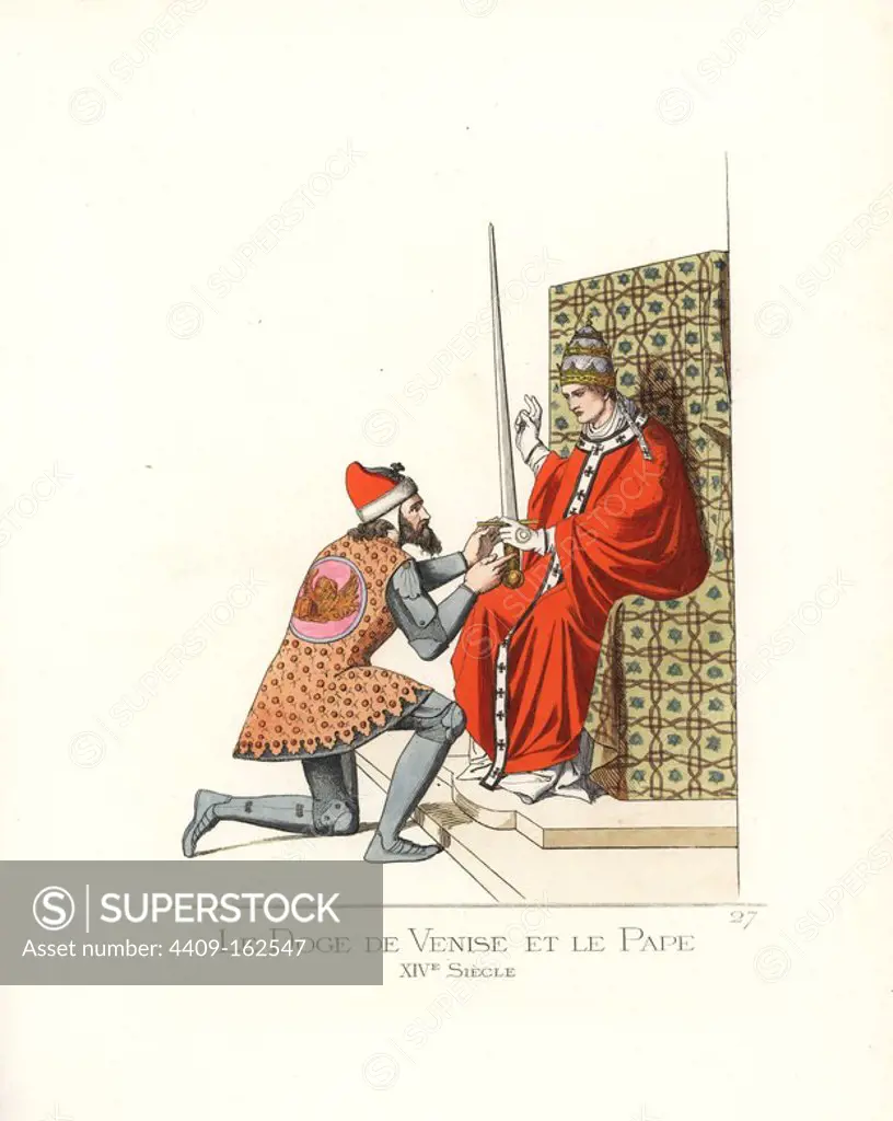 Pope Alexander III presenting the Doge of Venice with a sword to fight Frederick Barbarossa, 14th century. The Pope wears a papal tiara, scarlet chasuble, white pallium, and white gloves. The Doge wears a ducal bonnet, tunic in Siena brown with coats of arms of Saint Mark (gold lion on red field) over a suit of plate armour and chainmail. From a fresco by Spinello Aretino in the Palazzo Pubblico, Siena. Handcoloured illustration drawn and lithographed by Paul Mercuri with text by Camille Bonnard from "Historical Costumes from the 12th to 15th Centuries," Levy Fils, Paris, 1860.