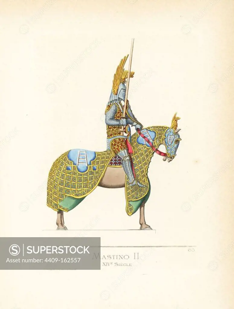 Mastino II della Scala, lord of Verona, 13081351. He wears a very ornate suit of chaimmail and armour: helm surmounted by a dog's head and wings, buckler, lance, saddle, greaves, spurs. His tunic and the horse's caparison are embroidered in gold with his coat of arms, a ladder on a blue field. From a statue on his tomb. Handcoloured illustration drawn and lithographed by Paul Mercuri with text by Camille Bonnard from "Historical Costumes from the 12th to 15th Centuries," Levy Fils, Paris, 1860.