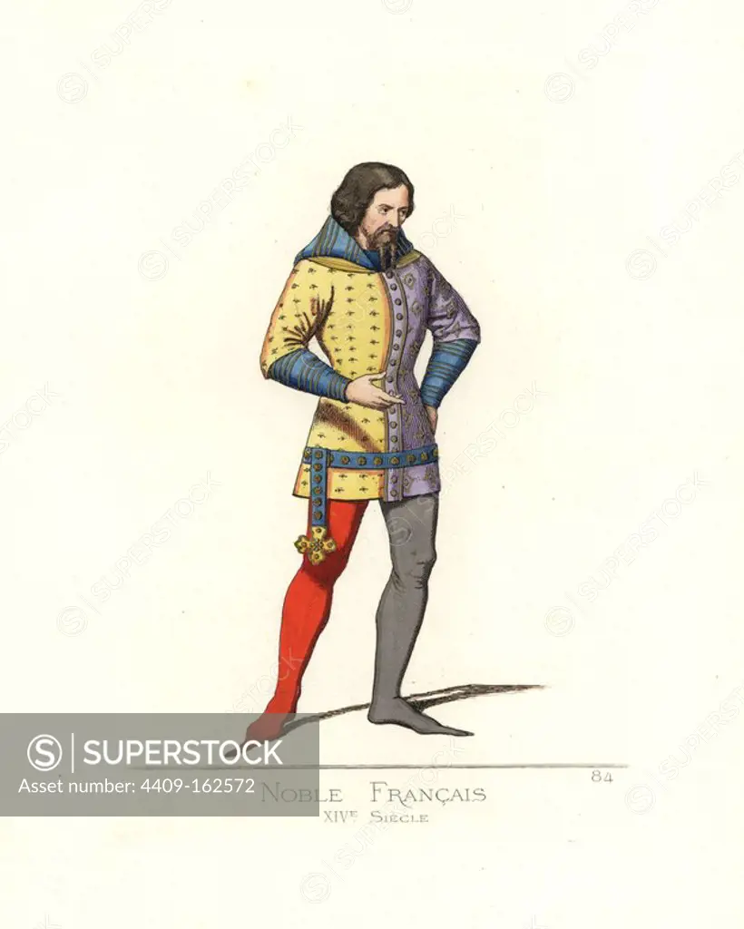 French noble man, 14th century. He wears a tabard in yellow decorated with eyes and violet decorated with flowers, blue hood, red and grey stockings, and cracows (pointed shoes a la poulaine). From a manuscript of "Lancelot of the Lake" in the Bibliotheque Imperiale, 6964. Handcoloured illustration drawn and lithographed by Paul Mercuri with text by Camille Bonnard from "Historical Costumes from the 12th to 15th Centuries," Levy Fils, Paris, 1861.
