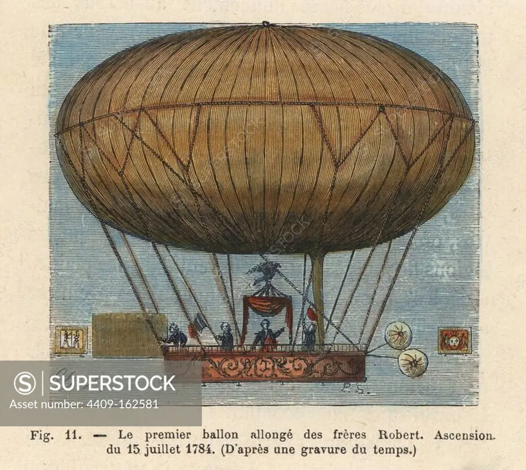 First 45-minute flight of the elongated dirigible hydrogen balloon of the Robert brothers, Anne-Jean and Nicolas Louis, July 15, 1784. Handcolored engraving by P.Sellier after an illustration by Ch. L from A. Sircos and Th. Pallier's "Histoire des Ballons," Roy, Paris, 1876.