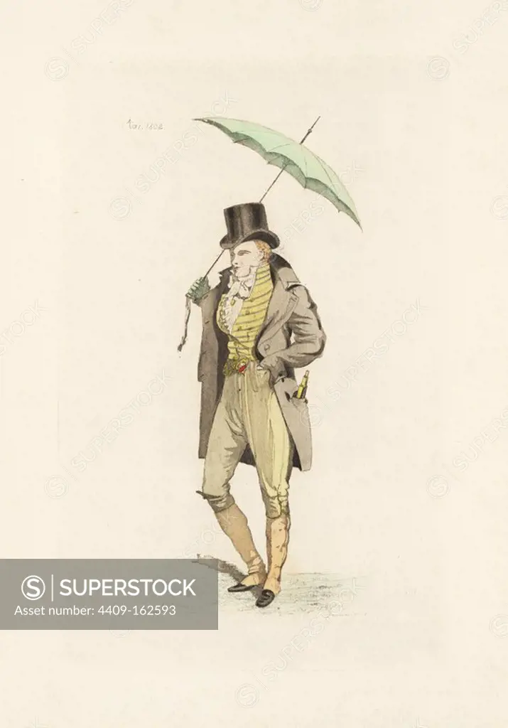 English man in the fashion of May 1802. He wears suede breeches and gaiters, top hat, frock coat and waistcoat, and carries an umbrella cane. Culottes et guetres de peau couleur de cuir, canne a parapluie. Handcoloured illustration by Horace Vernet, etching by Auguste Etienne Guillaumot Jr. from "English Costumes during the Revolution and First Empire, 1795-1806," Levy, Paris, 1879.