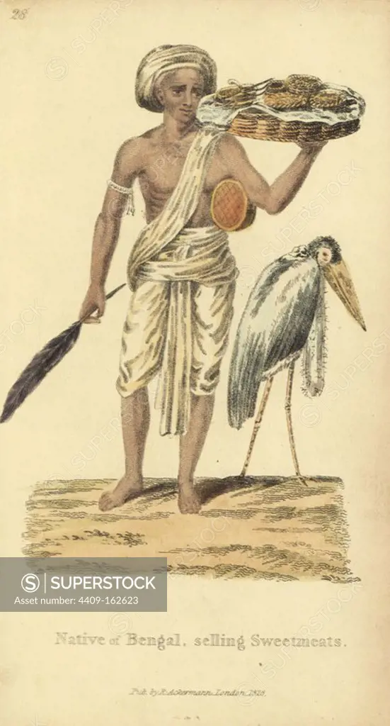 Native of Bengal in turban and loincloth selling sweetmeats, holding a crane feather. Handcoloured copperplate engraving by an unknown artist from "Asiatic Costumes," Ackermann, London, 1828.