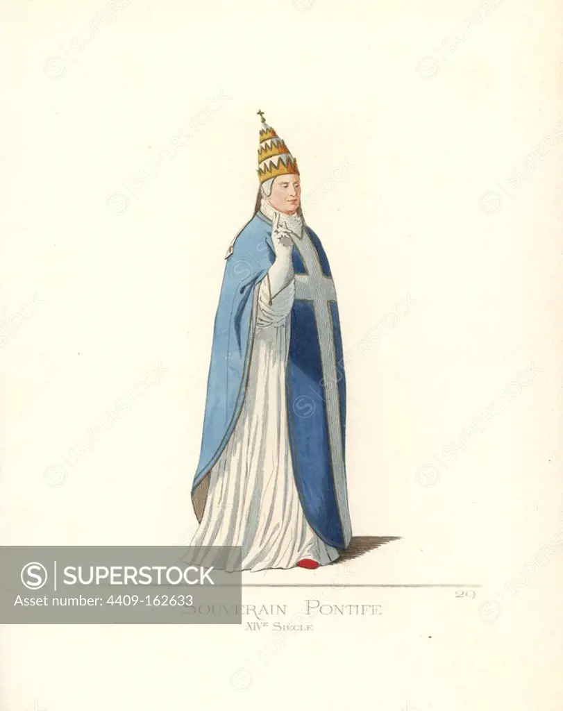 Costume of the Pope or supreme pontiff, 14th century. He wears a papal tiara with three crowns, blue chasuble with white cross, white pallium and vestments, red shoes. From a miniature in a manuscript in Siena Library. Handcoloured illustration drawn and lithographed by Paul Mercuri with text by Camille Bonnard from "Historical Costumes from the 12th to 15th Centuries," Levy Fils, Paris, 1860.