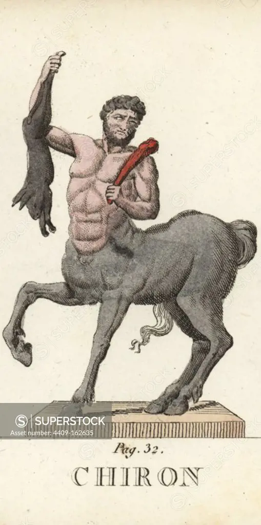 Chiron, Greek centaur known for medicine, music and hunting, shown with club and rabbit. Handcoloured copperplate engraving engraved by Jacques Louis Constant Lacerf after illustrations by Leonard Defraine from "La Mythologie en Estampes" (Mythology in Prints, or Figures of Fabled Gods), Chez P. Blanchard, Paris, c.1820.