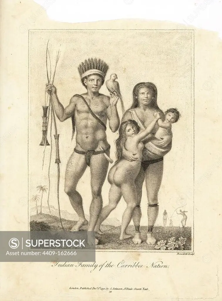 Indian Family of the Carribbee Nation. A Carib man in loincloth and feathered headdress, carrying bow and arrows, with his wife and children. Copperplate engraving by Benedetti after an original illustration by Captain John Gabriel Stedman from his "Narrative of a Five Years' Expedition against the Revolted Negroes of Surinam," J. Johnson, London, 1813.