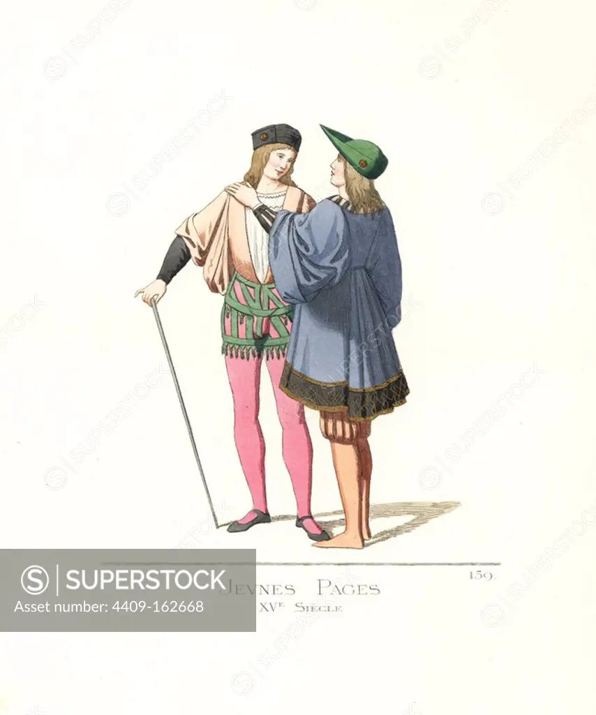 Young page boys, 15th century. One in a black toque, yellow doublet with black sleeves, red stockings, and green straps. The second wears a green hat, tunic with velvet hem, striped doublet, and yellow stockings. From a fresco by Pinturicchio (Bernardino di Betto). Handcoloured illustration drawn and lithographed by Paul Mercuri with text by Camille Bonnard from "Historical Costumes from the 12th to 15th Centuries," Levy Fils, Paris, 1861.
