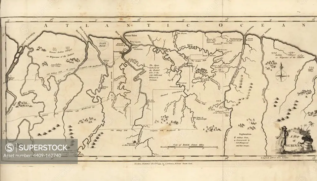 A Map of Surinam, showing Dutch settlements, military posts, rebel Maroon camps and native villages. Copperplate engraving by T. Conder after an original illustration by Captain John Gabriel Stedman from his "Narrative of a Five Years' Expedition against the Revolted Negroes of Surinam," J. Johnson, London, 1813.