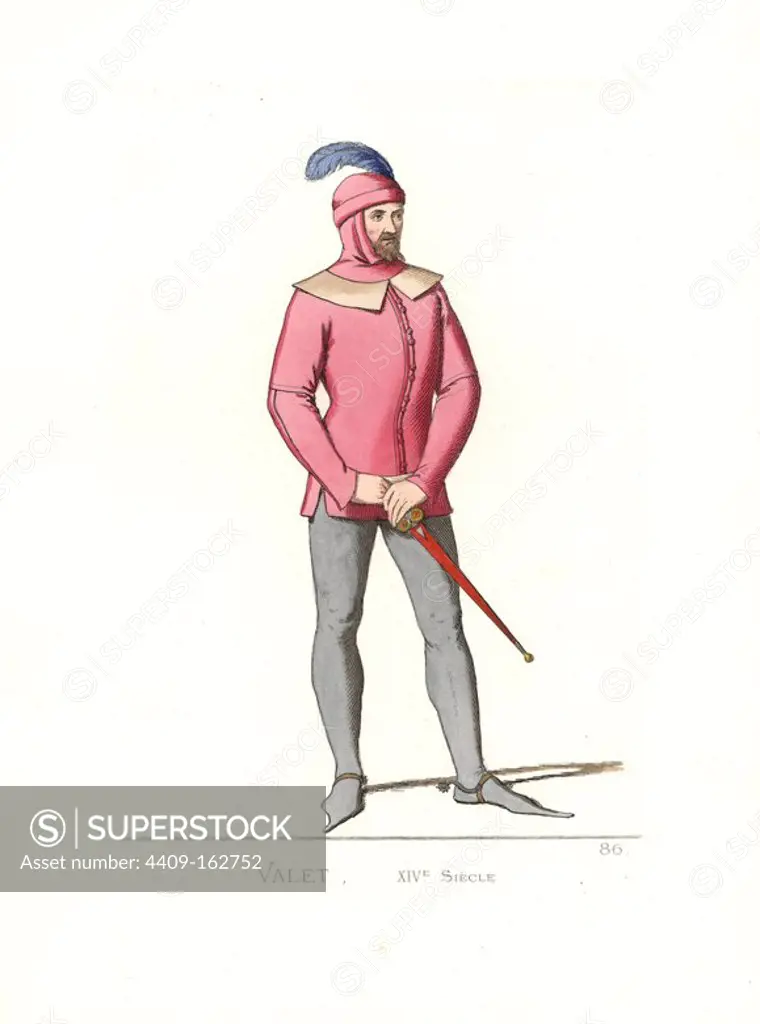 Costume of a valet, 14th century. He wears a red hood with white border, tabard of the same fabric, lead-coloured stockings and silver spurs. He carries a dagger in a red scabbard. From a manuscript of "Lancelot of the Lake" in the Bibliotheque Imperiale, 6964. Handcoloured illustration drawn and lithographed by Paul Mercuri with text by Camille Bonnard from "Historical Costumes from the 12th to 15th Centuries," Levy Fils, Paris, 1861.