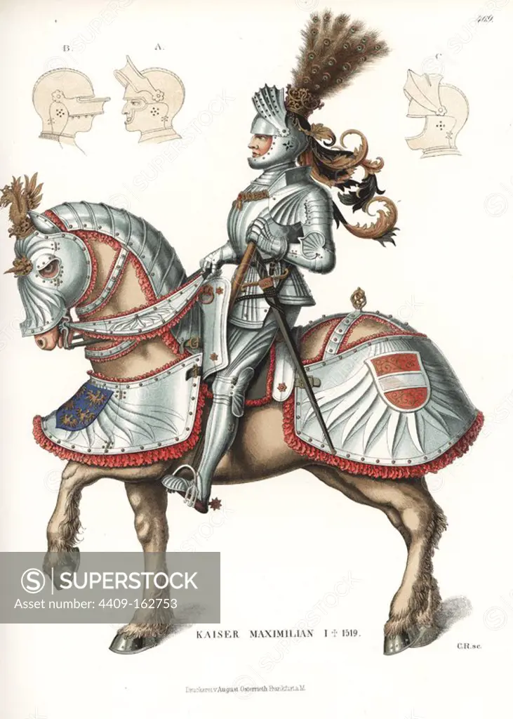 Maximilian I, Holy Roman Emperor, in suit of armour and plumed helmet, mounted on an armoured horse with the coat of arms of Austria (five golden quail) and the Archdukedom of Austria (silver fess on a red field). After a coloured woodcut by Hans Burgkmair, early 16th century. Chromolithograph from Hefner-Alteneck's "Costumes, Artworks and Appliances from the Middle Ages to the 17th Century," Frankfurt, 1889. Illustration by Dr. Jakob Heinrich von Hefner-Alteneck, lithographed by C. Regnier. Dr. Hefner-Alteneck (1811 - 1903) was a German museum curator, archaeologist, art historian, illustrator and etcher.