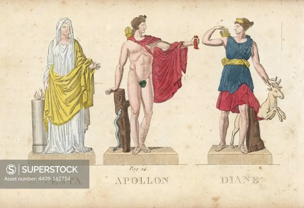 Vesta, Apollo and Diana, Roman god and goddesses of the hearth, poetry and music, and the hunt. Handcoloured copperplate engraving engraved by Jacques Louis Constant Lacerf after illustrations by Leonard Defraine from "La Mythologie en Estampes" (Mythology in Prints, or Figures of Fabled Gods), Chez P. Blanchard, Paris, c.1820.