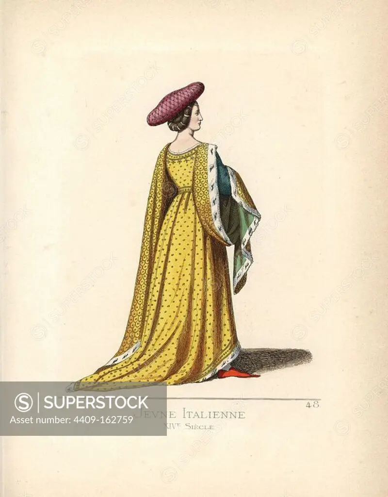 Young Italian woman, 14th century. She wears a large turban and her hair tied with white laces, a gold simar with tight bodice and full skirts and sleeves trimmed with ermine, pointed red shoes. From a painting by Francesco Vanni of Siena. Handcoloured illustration drawn and lithographed by Paul Mercuri with text by Camille Bonnard from "Historical Costumes from the 12th to 15th Centuries," Levy Fils, Paris, 1860.