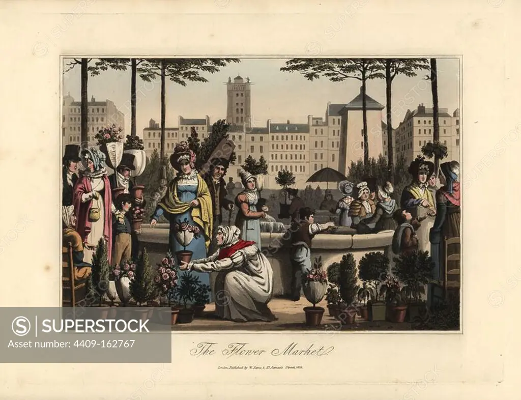 Flower market on the Quai Dessaix, held every Wednesday and Saturday. Women customers look at flowers in pots near a fountain. Handcoloured aquatint engraving after an illustration credited to Victor Auver from "A Tour through Paris," William Sams, London, 1825.