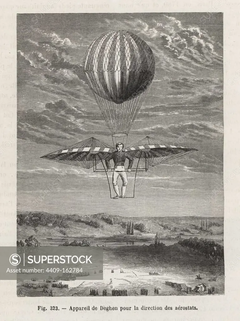 Jacques Deghen, a clockmaker from Vienna, and his balloon with hand-powered wings for direction, circa 1808. Woodblock engraving by Mes from Louis Figuier's "Les Merveilles de la Science: Aerostats" (Marvels of Science: Air Balloons), Furne, Jouvet et Cie, Paris, 1868.