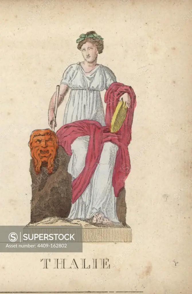 Thalia, Greek muse of comedy, with laurel wreath, comic mask and staff. Handcoloured copperplate engraving engraved by Jacques Louis Constant Lacerf after illustrations by Leonard Defraine from "La Mythologie en Estampes" (Mythology in Prints, or Figures of Fabled Gods), Chez P. Blanchard, Paris, c.1820.