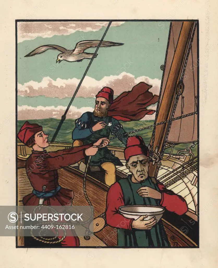 Medieval sailors on a sailboat, one pulling the sail rigging, smoking a pipe, and holding a bowl. Handcoloured lithograph after an illustration by J. E. Rogers from Francis Cowley Burnand's "Present Pastimes of Merrie England, Cassell, London, 1873.