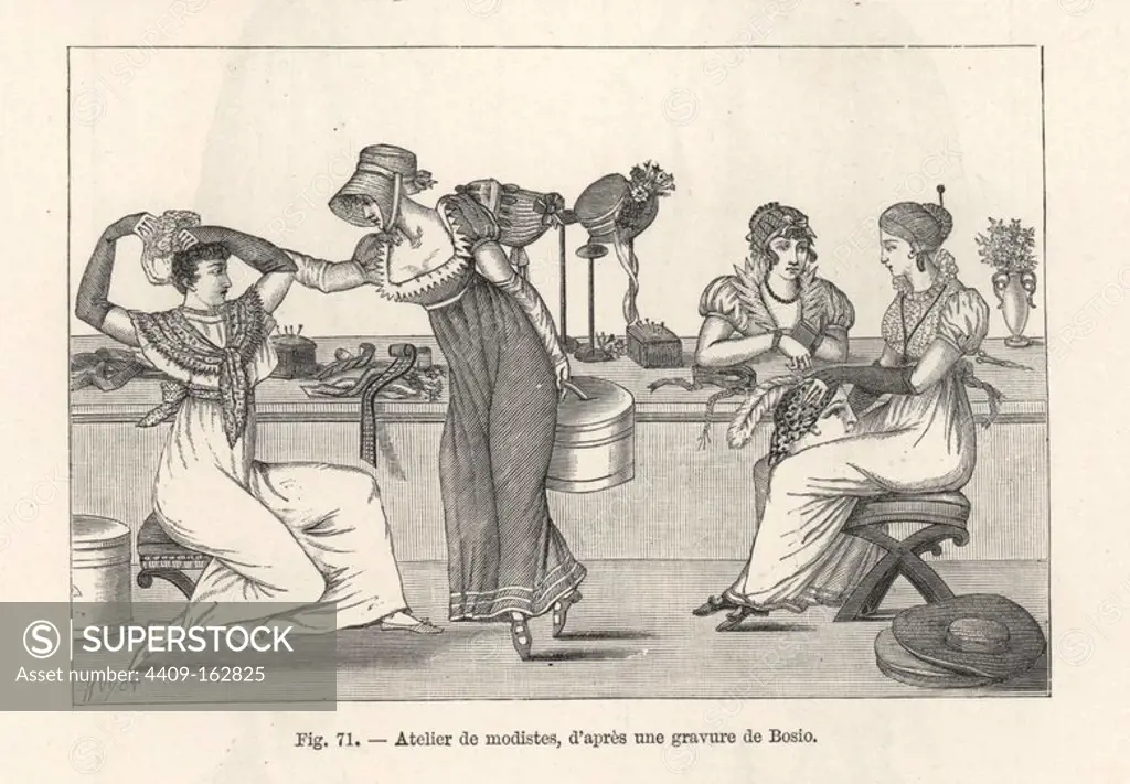 Milliners' workshop, with hatmakers and customers trying on hats, circa 1800. Fashionable women in elegant dresses and fichu (neckerchief) looking at bonnets. Illustration drawn by Jean-Francois Bosio, woodcut by Huyot from Paul Lacroix's "Directoire, Consulat et Empire," Paris, 1884.