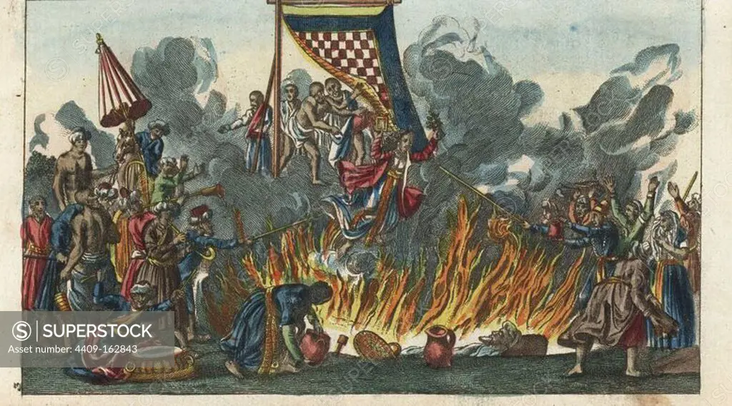Indian suttee ritual: a widow holding instruments falls onto her husband's burning funeral pyre. Handcolored copperplate engraving from G. T. Wilhelm's "Encyclopedia of Natural History: Mankind," Augsburg, 1804. Gottlieb Tobias Wilhelm (1758-1811) was a Bavarian clergyman and naturalist known as the German Buffon.